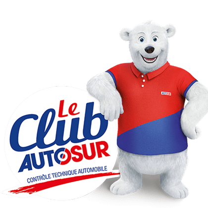 ours blanc aux couleurs d'Autosur, mascotte de la marque Autosur, macaron Le Club Autosur, contrôle technique automobile
